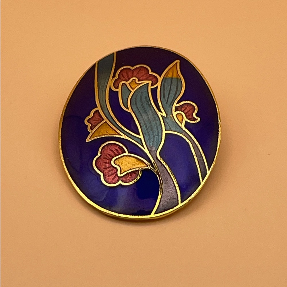 Blue and Gold Floral Cloisonné Brooch C40